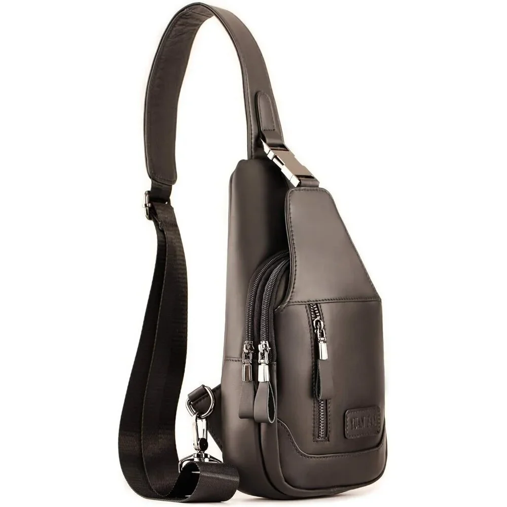 💫 Men Black Crossbody Bag Leather Sling Travel Chest Outdoor Sports Backpack